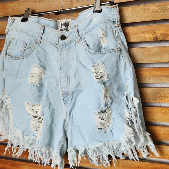 JAASE Marilyn Size 10/small ripped bleached blue denim shorts high waist - Picture 1 of 8